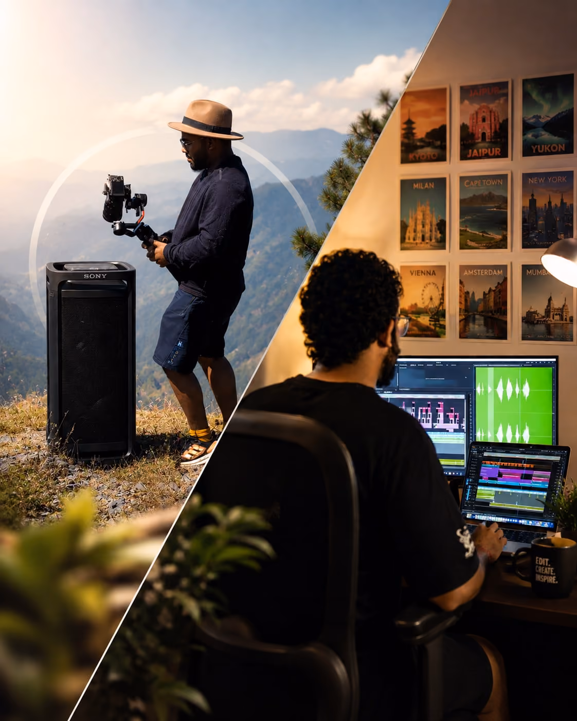 Aditya Raj — shooting on a gimbal in the mountains on one side, editing at a multi-screen desk on the other